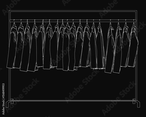 Jackets hang neatly on a clothes rack in a simple line drawing against a dark background. The clean illustration features minimalist outlines with no shading.
