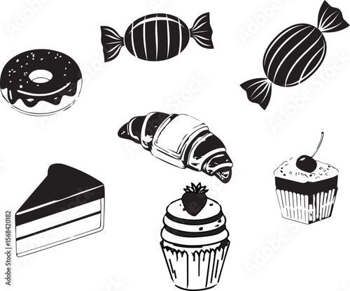 Sweet cupcake and dessert icon set with chocolate and cherry illustrations in cartoon style