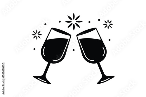 minimalist wine glasses cheers symbol with festive sparkles black vector