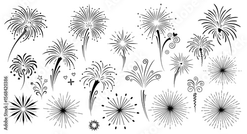 Collection of hand drawn starbursts and fireworks in a simple black silhouette style isolated on transparent background