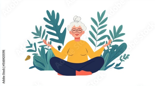 A serene elderly woman meditating in a lush, green environment, promoting peace and mindfulness.