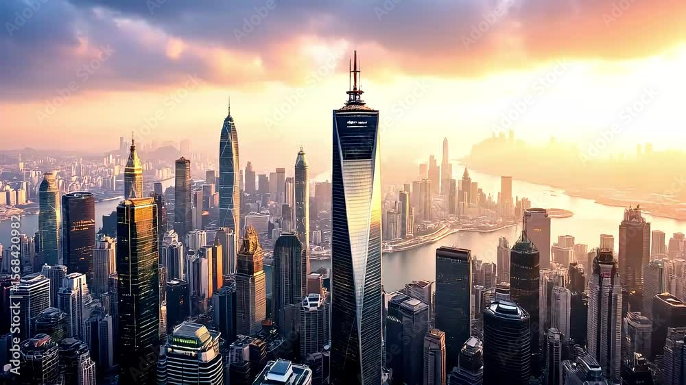An aerial view of the Bank of China Tower showcasing its iconic triangular structure amidst the dense Hong Kong skyline