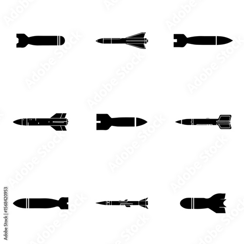 set of missile vector design, vector, plane, icon, illustration, set, helicopter, airplane, silhouette, symbol, aircraft, air, drawing, transportation, design, icons, vintage, trumpet, weapon