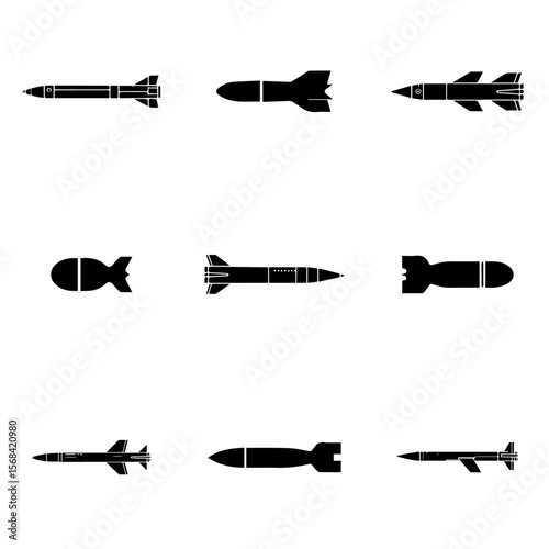 set of missile black and white vector design, vector, plane, icon, illustration, set, helicopter, silhouette, symbol, aircraft, air, drawing, transportation, design, icons, vintage, trumpet, weapon