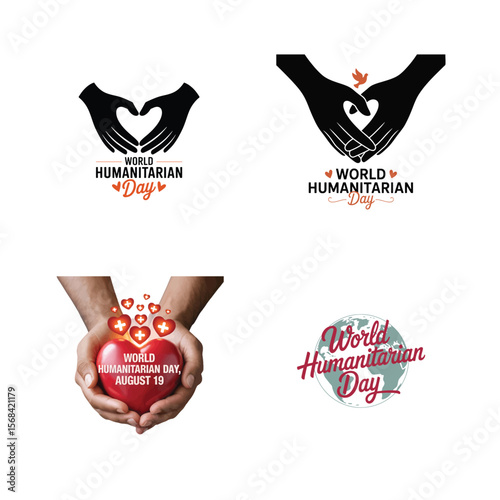 Hands forming heart shape with humanitarian day text and globe vector