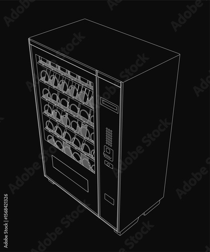 A sleek black and white 3D model of a modern wine cooler with a top handle and front window for easy access. The minimalist design features a black background.