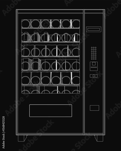 A sleek black and white vending machine with a glass door displays various drinks, including soda and juice. The modern design features a top handle for easy access.