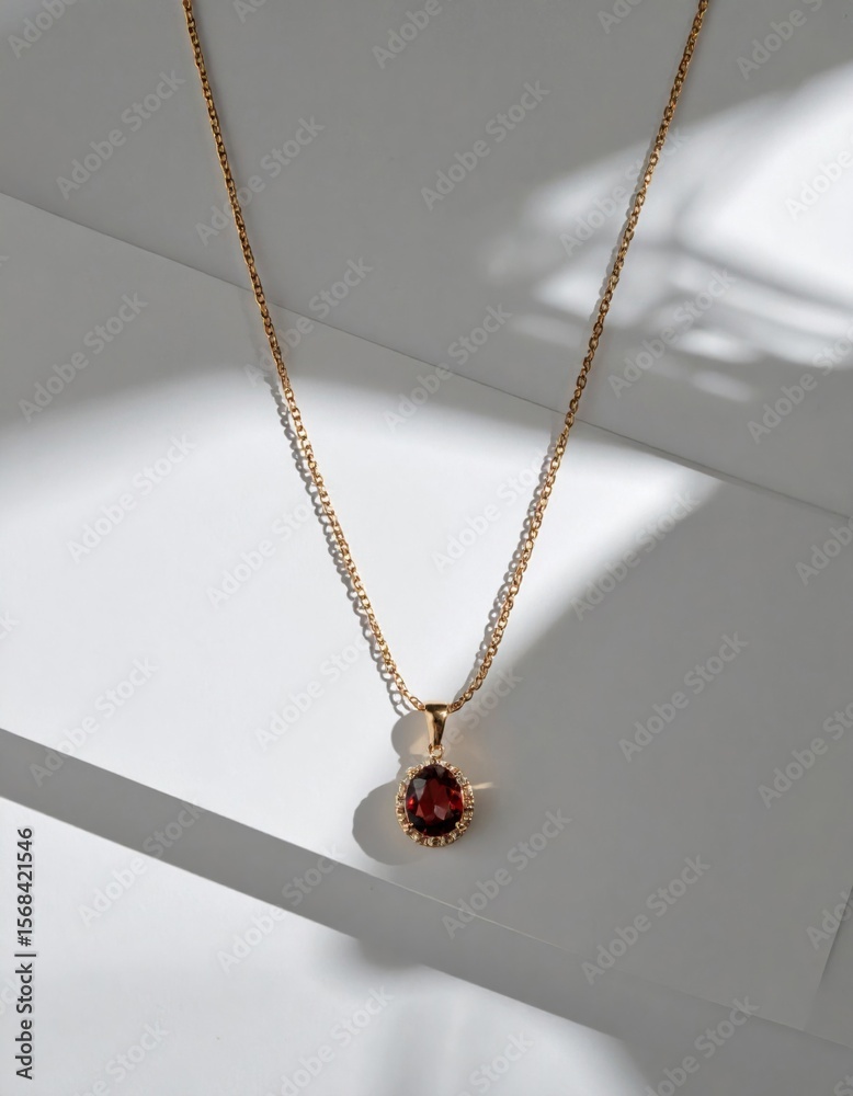 Fototapeta premium Red Garnet Gold Necklace on White Background