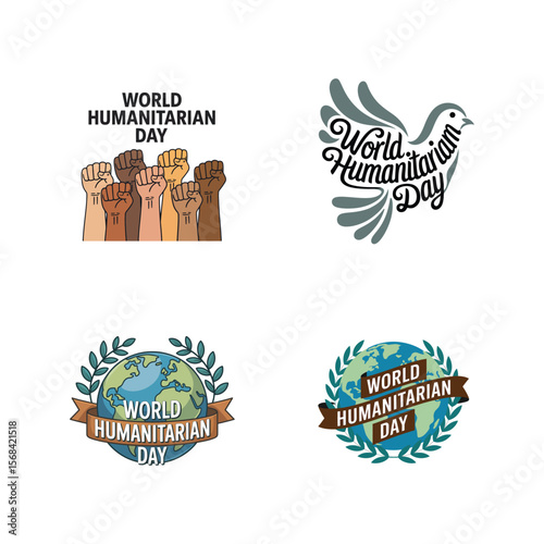 Diverse fists raised world humanitarian day dove globe laurel wreath vector