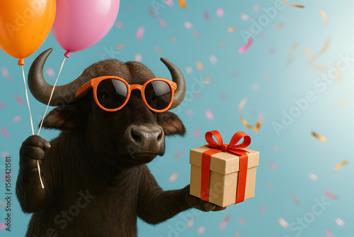 Funny Buffalo Wearing Sunglasses and Holding Balloons with Gift Box Against Blue Background with Colorful Falling Confetti in Celebration Theme