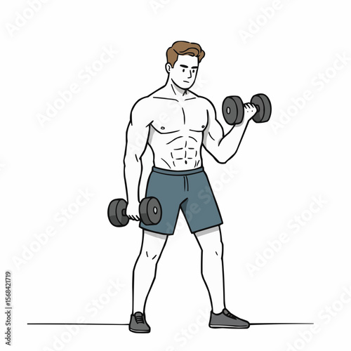 Young man exercising bicep curls with dumbbells in fitness shorts  