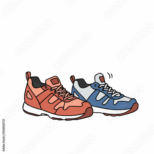 Colorful athletic shoes in orange and blue on white background  