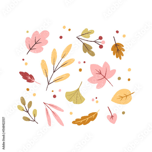 Vector set of pastel autumn leaves isolated on white. Textured hand-drawn illustration. Soft foliage elements in a warm seasonal palette. Perfect for stickers, cards, and fall DIY designs.