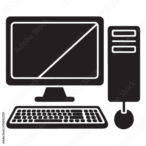 A desktop PC workstation featuring a black computer monitor, keyboard, and mouse for modern office technology and business