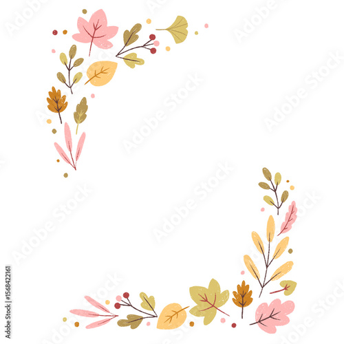 Pastel autumn leaf corner frame in kawaii style. Textured hand-drawn illustration. Soft fall color palette, perfect for greeting cards, Thanksgiving invitations, scrapbooking, and seasonal design.