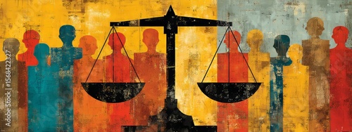 Stylized justice scale with abstract human figures and bold geometric design for World Day for International Justice