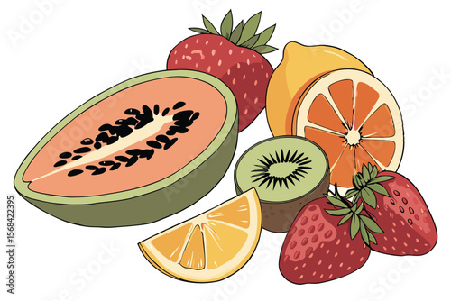 HD, hyper-realistic, vibrant colors, highly detailed, realistic watercolor painting of an assortment of fresh, ripe fruit, including strawberries, kiwi, passion fruit, orange slices, lemon wedges, 