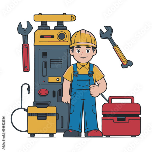 Funny cartoon construction workers, plumbers, and mechanics with tools like hammers and wrenches in a vibrant industrial set