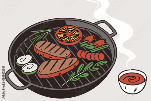 a photo of a cast iron grill with grilled meat, vegetables, and condiments on a charcoal grill, detailed food, high resolution, photorealistic, 8k