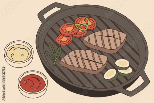a photo of a cast iron grill with grilled meat, vegetables, and condiments on a charcoal grill, detailed food, high resolution, photorealistic, 8k