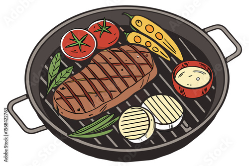 a photo of a cast iron grill with grilled meat, vegetables, and condiments on a charcoal grill, detailed food, high resolution, photorealistic, 8k