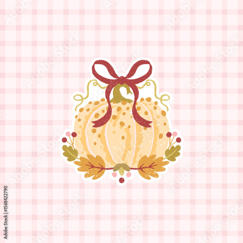 Trendy fall postcard with a flirty pumpkin, ribbon bow, and autumn bouquet on soft pink gingham background. Cute kawaii Preppy style in pastel cotton palette.