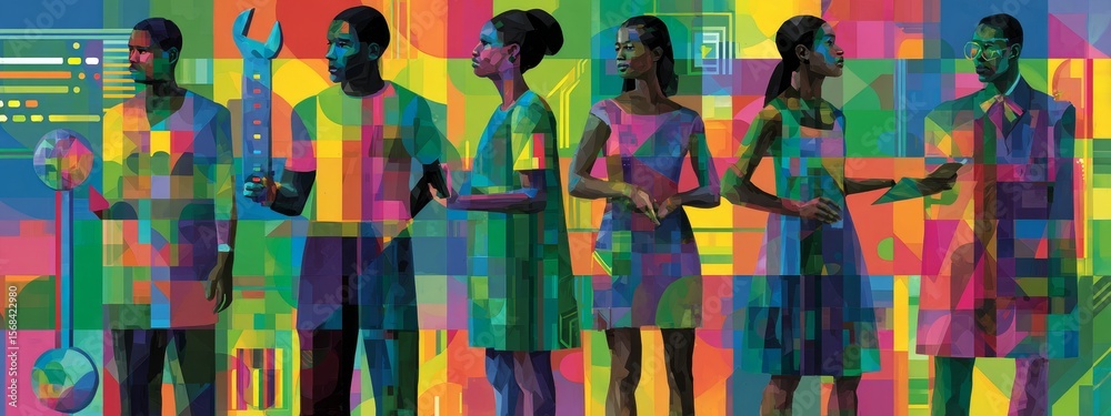 Obraz premium Geometric youth figures with symbolic tools and icons, vibrant abstract design for World Youth Skills Day