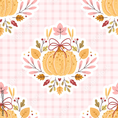 Seamless vector pattern with kawaii pumpkin, ribbon bow, and autumn leaves on soft pink gingham. Cozy flirty Preppy fall design in pastel cotton palette for textiles and prints.