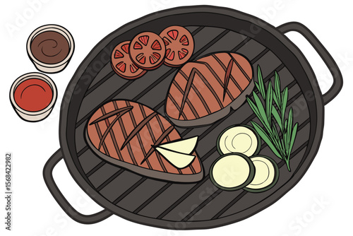 a photo of a cast iron grill with grilled meat, vegetables, and condiments on a charcoal grill, detailed food, high resolution, photorealistic, 8k