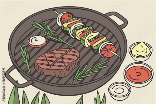 a photo of a cast iron grill with grilled meat, vegetables, and condiments on a charcoal grill, detailed food, high resolution, photorealistic, 8k