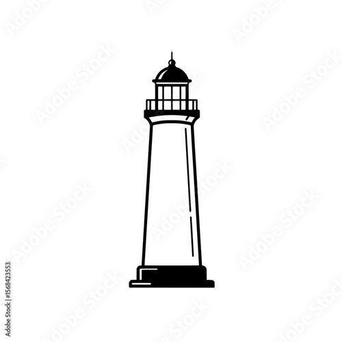 Guiding Light of the Coast: A minimalist monochrome illustration of a solitary lighthouse stands tall against the open horizon, beaconing navigators with its unwavering beam.