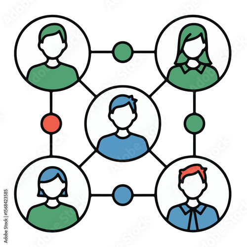 Social network connections illustrate a global business team communicating through a 3D web of connected people and community icons