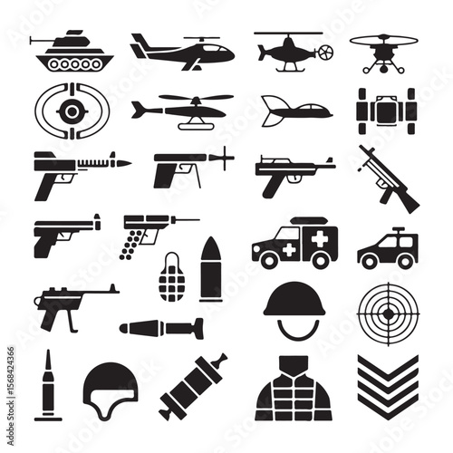 A comprehensive vector collection of military weapon icons and equipment illustrations