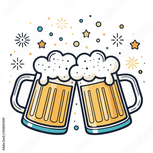 Two Beer Mugs Clinking with Festive Decorations cheers