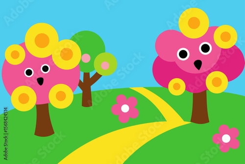Colorful Spring Vector With Birds On Path Cherry