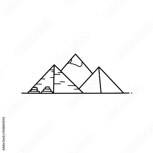Ancient Majesty: A minimalist, black and white line drawing of the iconic Egyptian pyramids against a clean backdrop, exuding a sense of historical wonder and artistic simplicity.