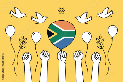 Illustration of hands with fists holding balloons and doves on yellow background