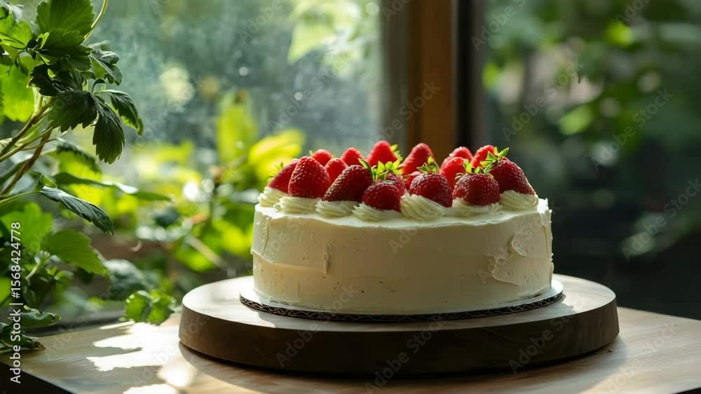 Strawberry Cake by the Window: A delectable strawberry cake, adorned with fresh strawberries and creamy frosting, sits on a wooden cake stand by a sunlit window.