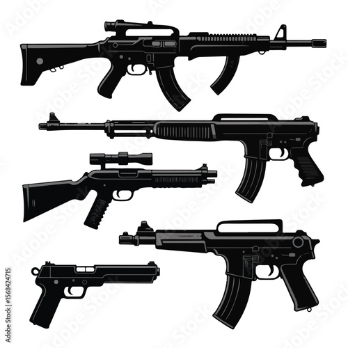 Isolated black silhouette of an assault rifle with bullets, a military weapon ideal for illustrations of war and shooting