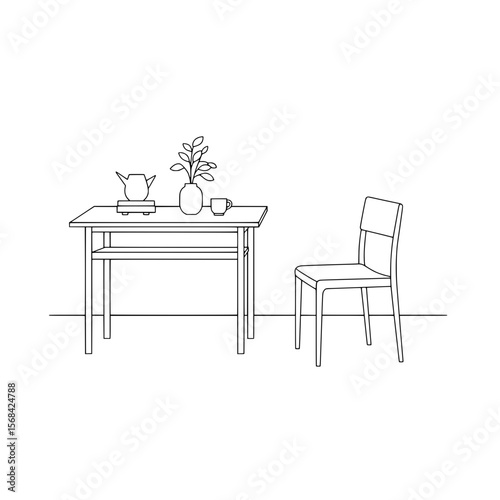 Minimalist Table Setting: Clean lines define an inviting space, with a table, chair, and a touch of nature. A teapot, plant, and cup hint at a tranquil moment.