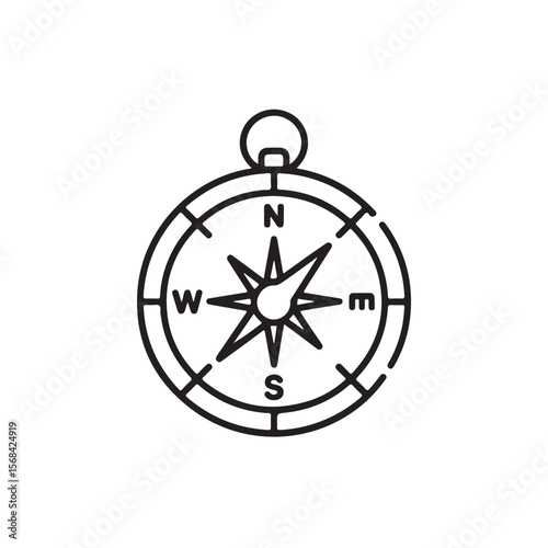 Black Line Art Compass Rose Navigation Tool Icon vector