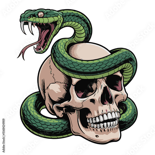A wild cartoon reptile illustration of a green cobra with a skull, symbolizing the year of the snake