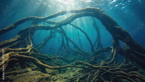Sunlit underwater mangrove roots and fish habitat