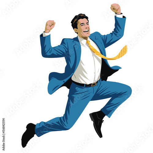 Happy businessman in a suit jumping in the air, expressing success and fun