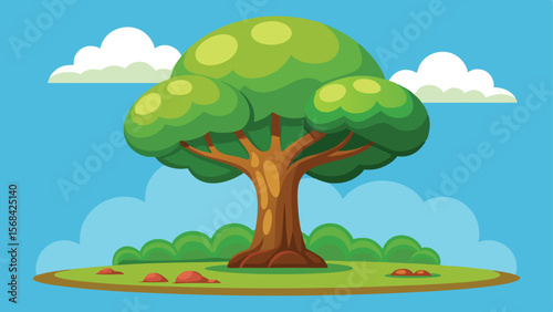 Cartoon Landscape with Tree, Clouds, and Sky Sunny Day Illustration for Kids