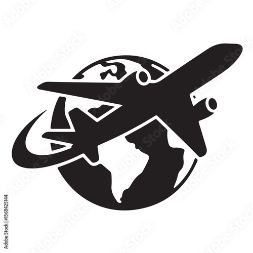 Vector airplane icon on world map for global travel and aviation business