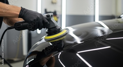 Person polishing a black car with an orbital buffer in a professional auto detailing shop