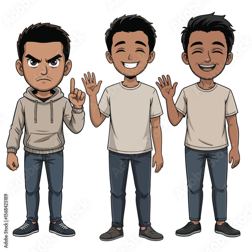 Two young men, two young boys, and two smiling teenagers give a thumbs up, a fun team of friends