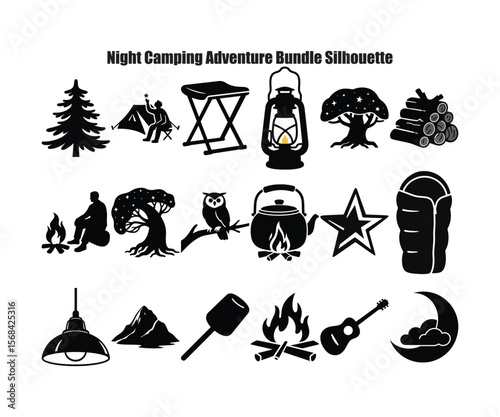 A set of camping themed silhouettes including a tent, campfire, and various outdoor elements