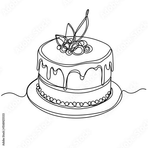 Simple line art of a cake with cherries and icing on a plate  